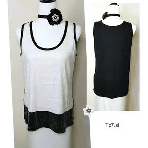 Black White Sequin Cotton Blend Tank Top Scoop Neck Hip Length Tunic Sleeveless